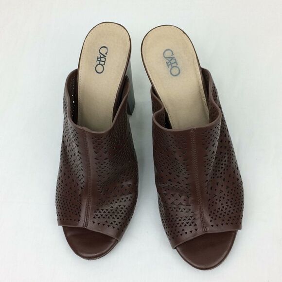 Cato Laser Cut Punch Design Brown Vegan Leather Slip on Heeled Mules - Picture 2 of 8